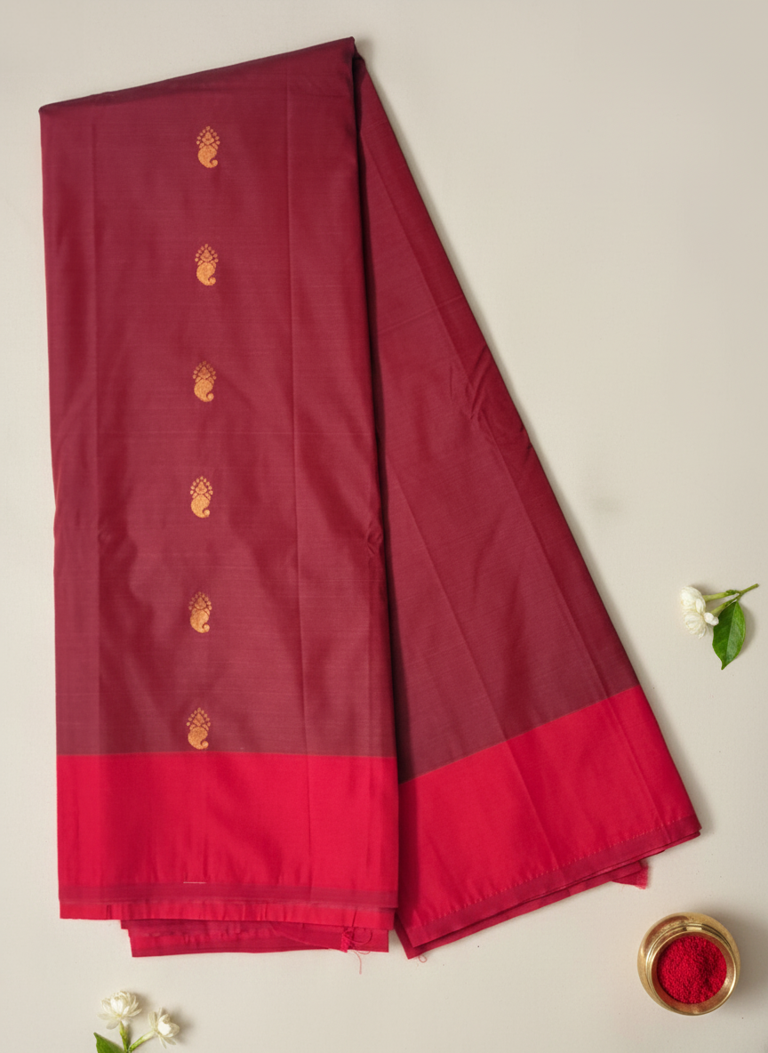 Maroon and Pink Soft Silk Saree with Golden Zari Paisley Motifs