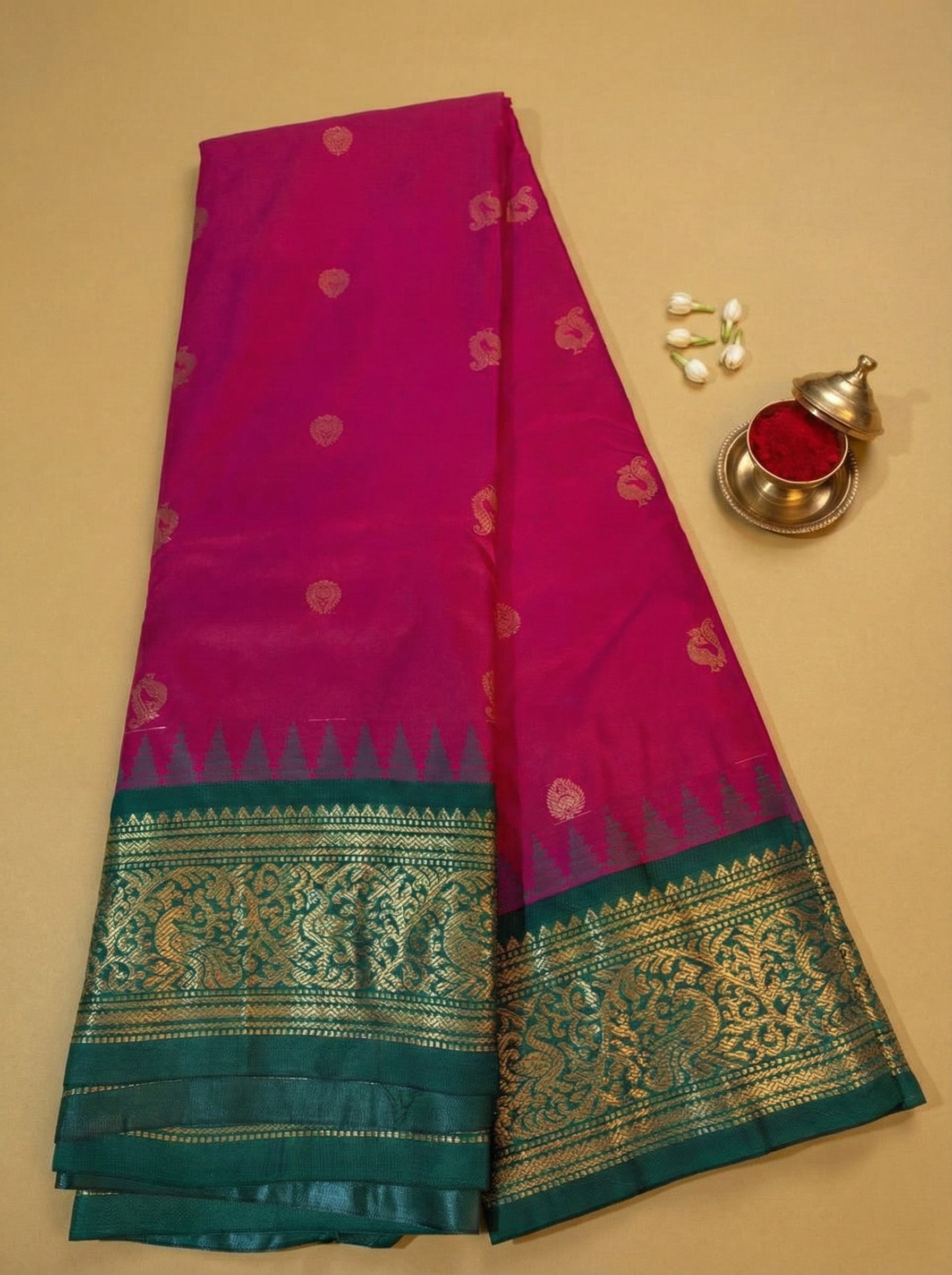 Gadwal Silk Saree in Magenta with Traditional Zari Border