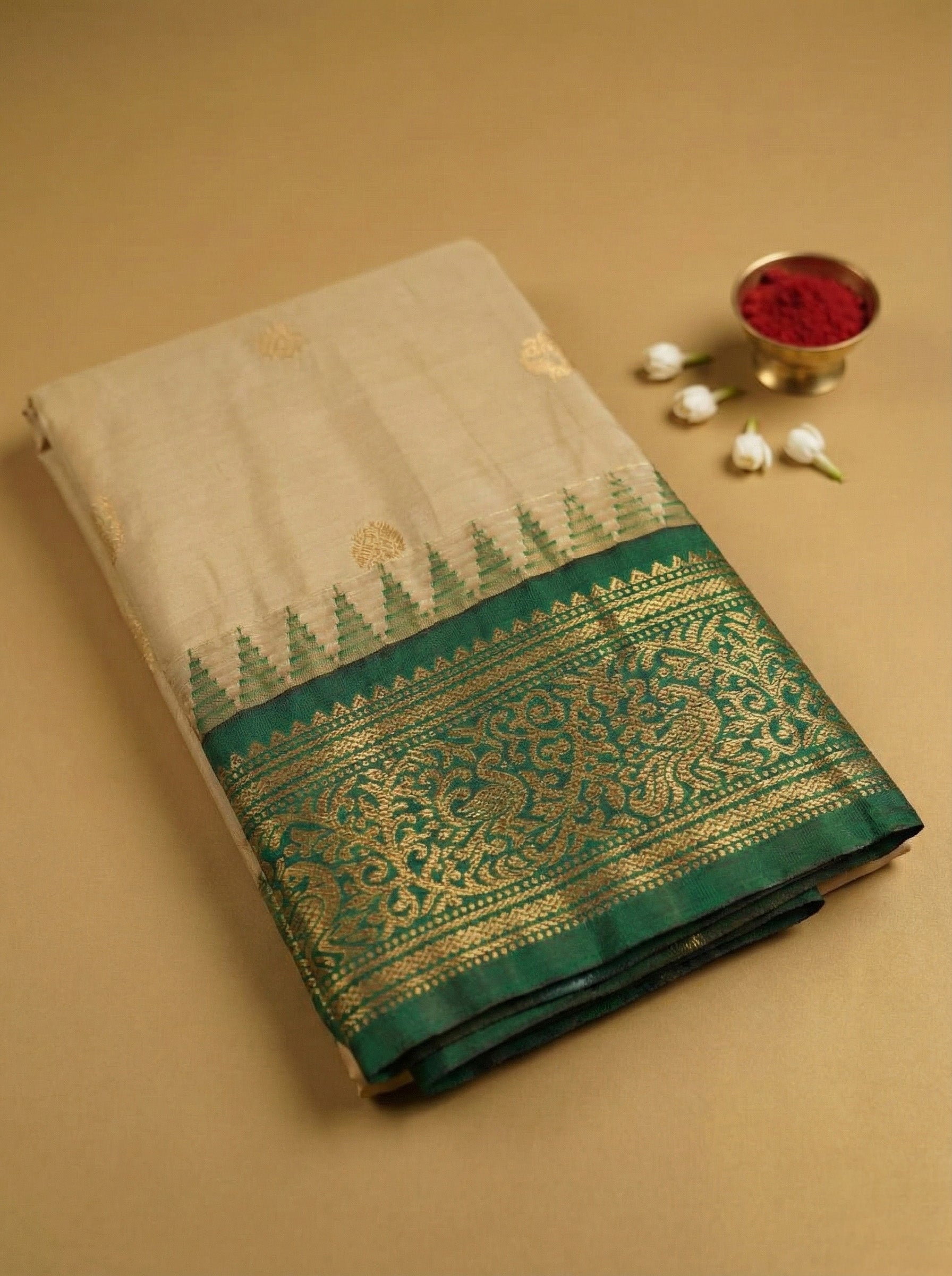 Gadwal Silk Saree in Off-White with Emerald Green Zari Border