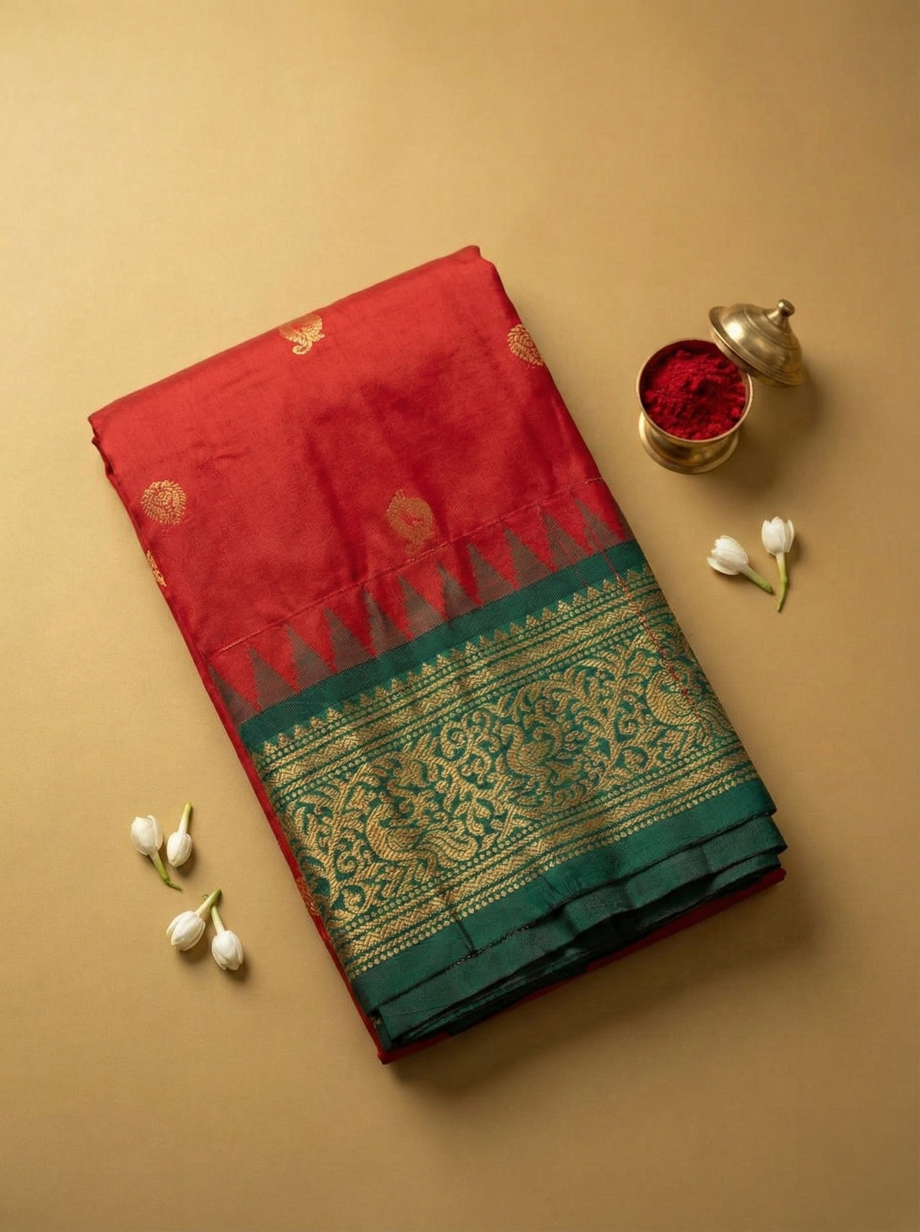 Gadwal Silk Saree in Coral Red with Teal Green Zari Border