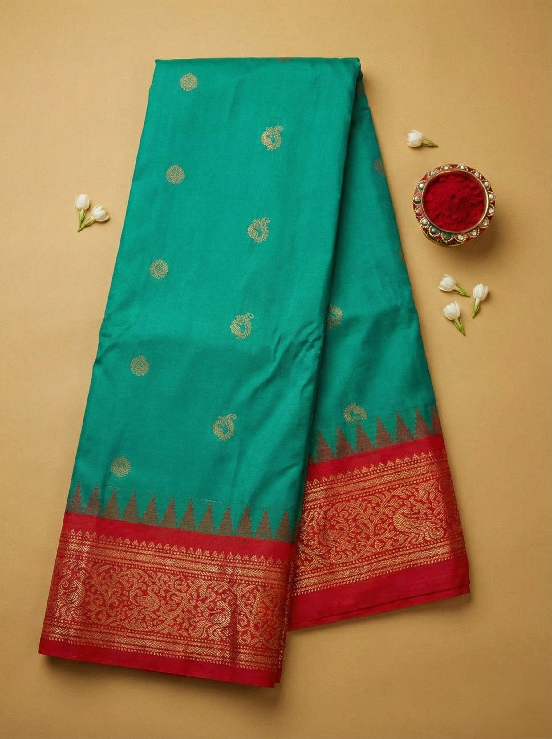 Gadwal Silk Saree in Turquoise with Coral Red Zari Border