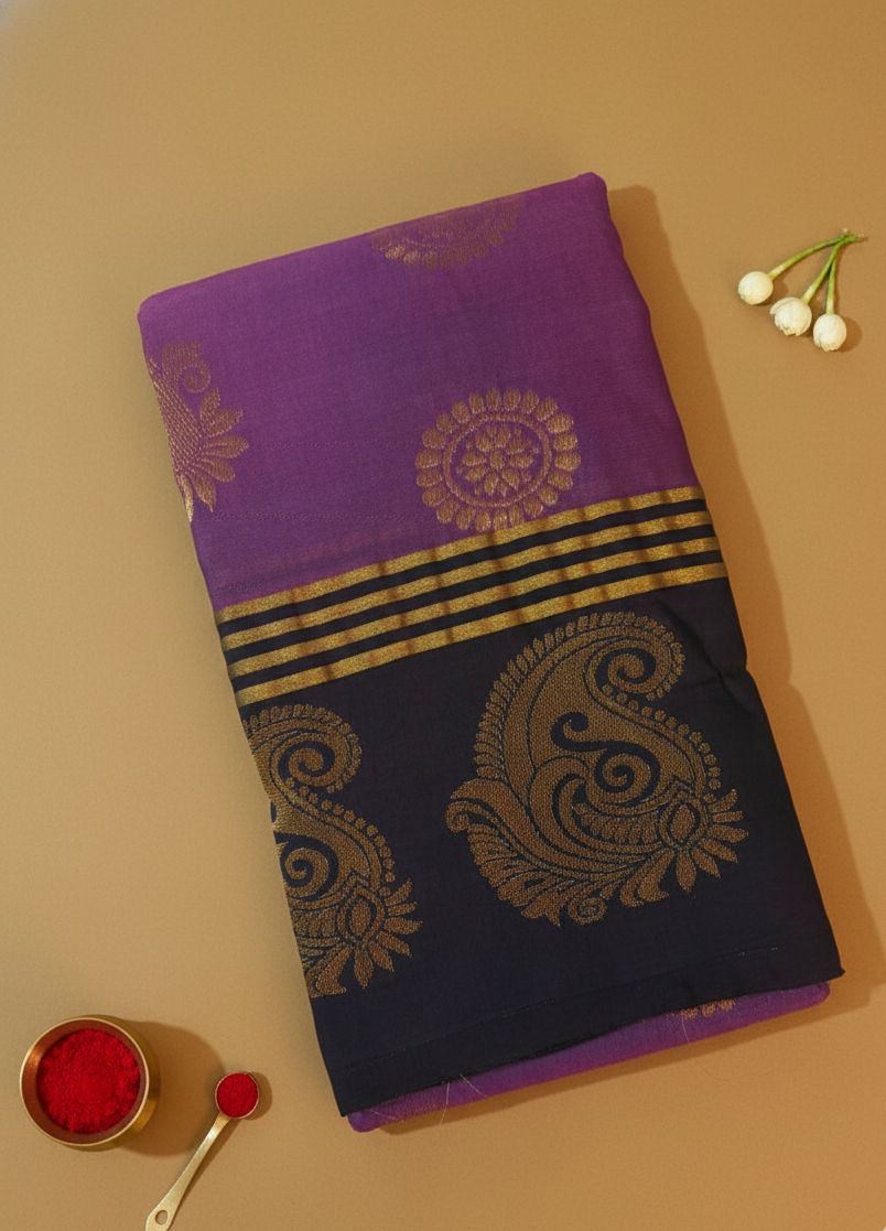 Purple Premium Cotton Silk Saree with Black Border and Intricate Zari Motifs