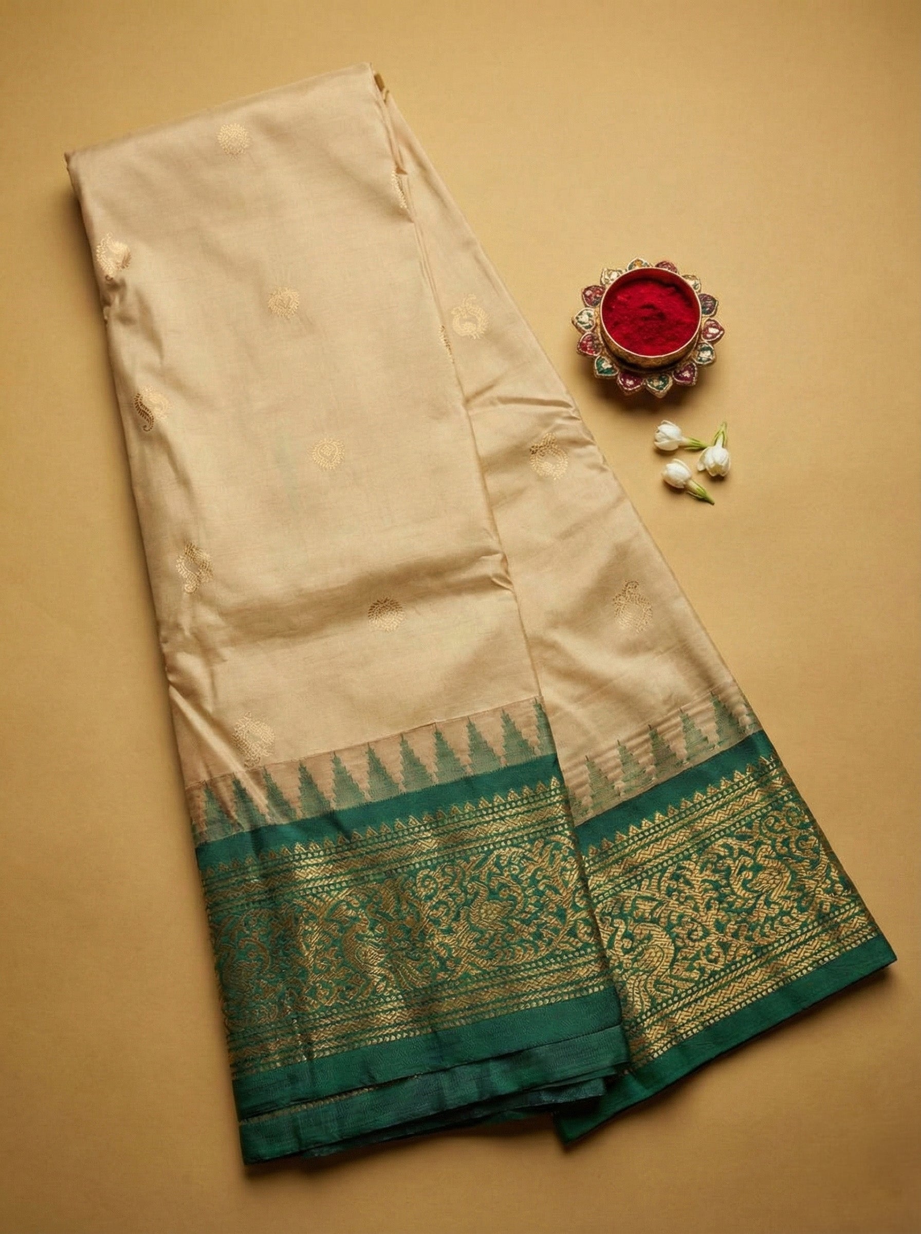 Gadwal Silk Saree in Off-White with Emerald Green Zari Border