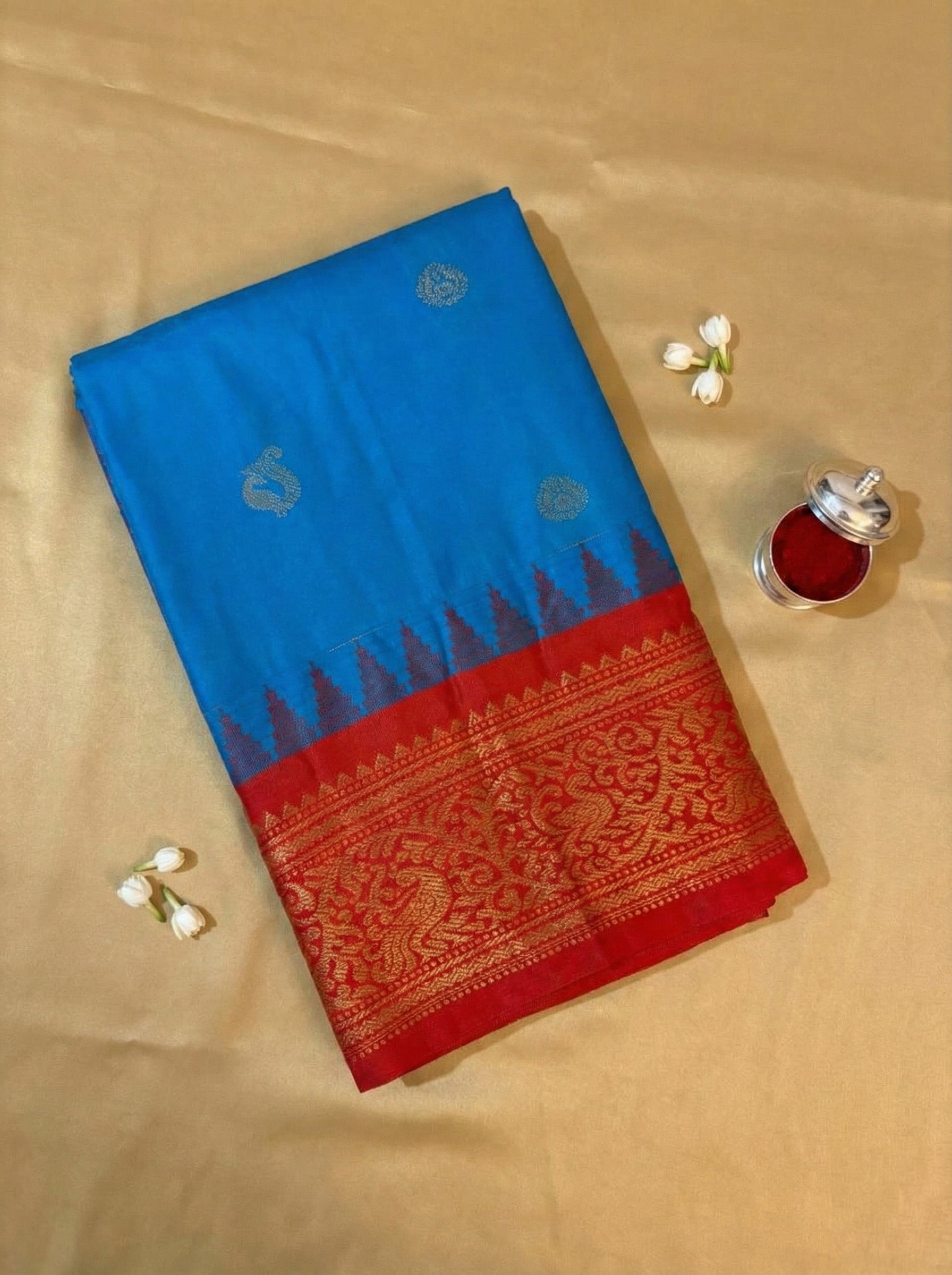 Gadwal Silk Saree in Royal Blue with Crimson Red Zari Border