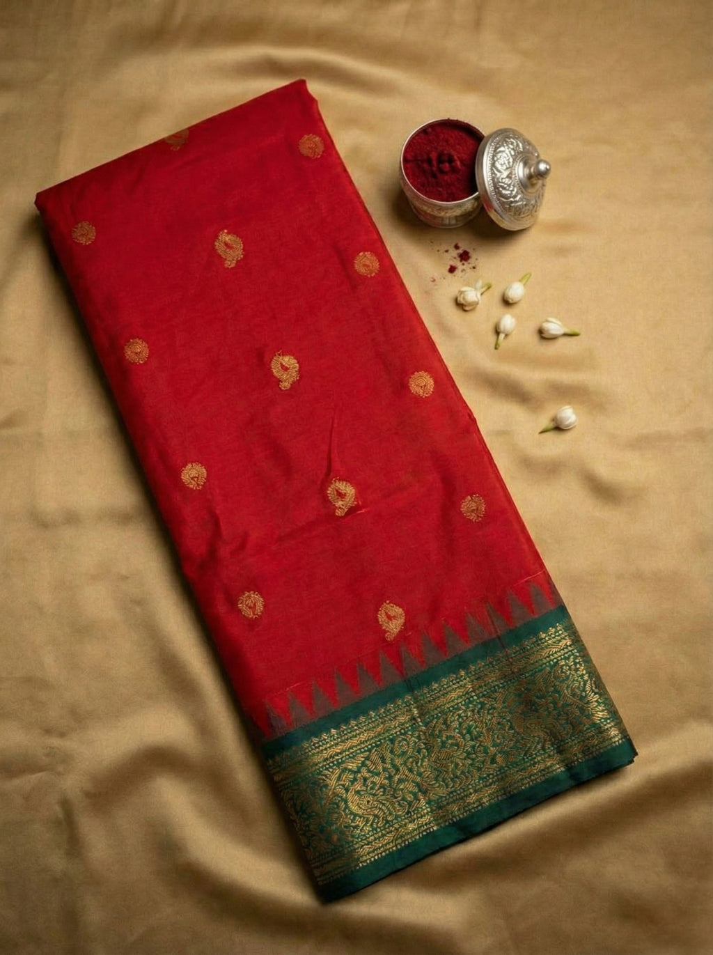 Gadwal Silk Saree in Coral Red with Teal Green Zari Border