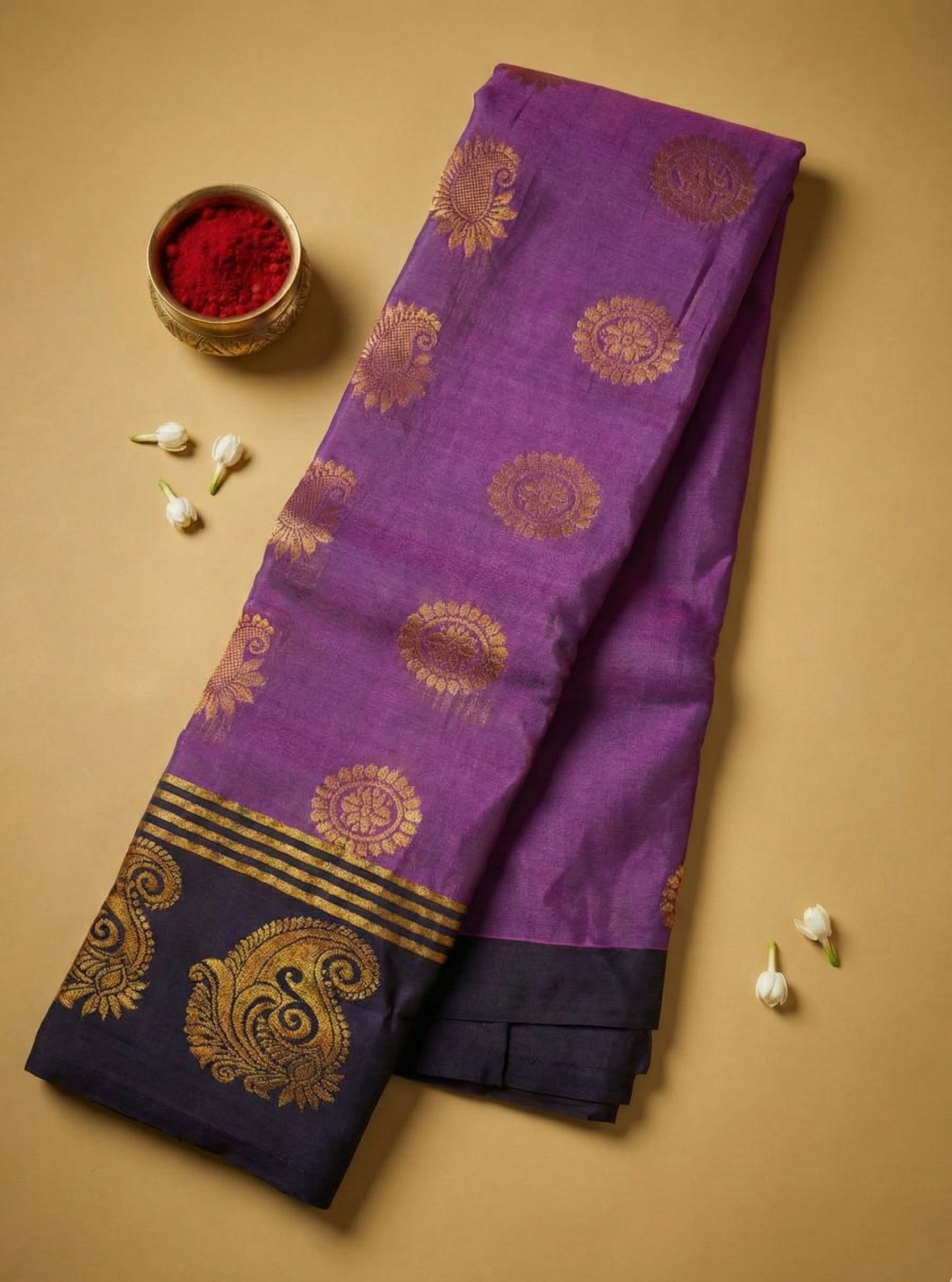 Purple Premium Cotton Silk Saree with Black Border and Intricate Zari Motifs