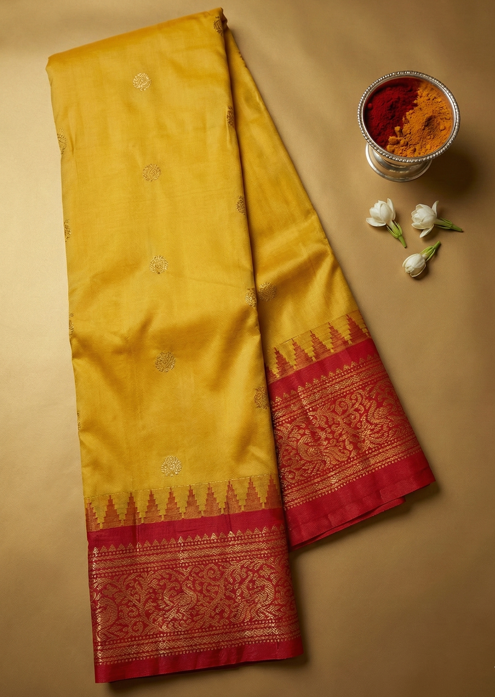 Gadwal Silk Saree in Golden Yellow with Pink-Red Zari Border