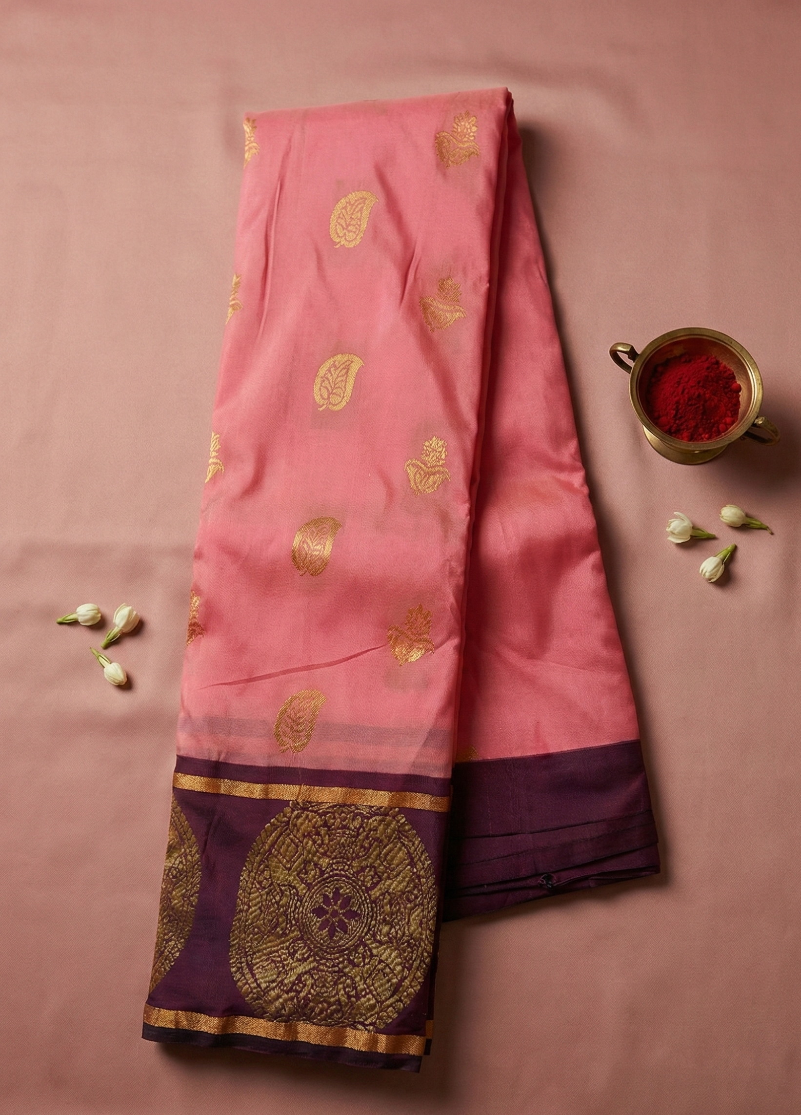Pink Premium Cotton Silk Saree with Purple Border and Zari Motifs