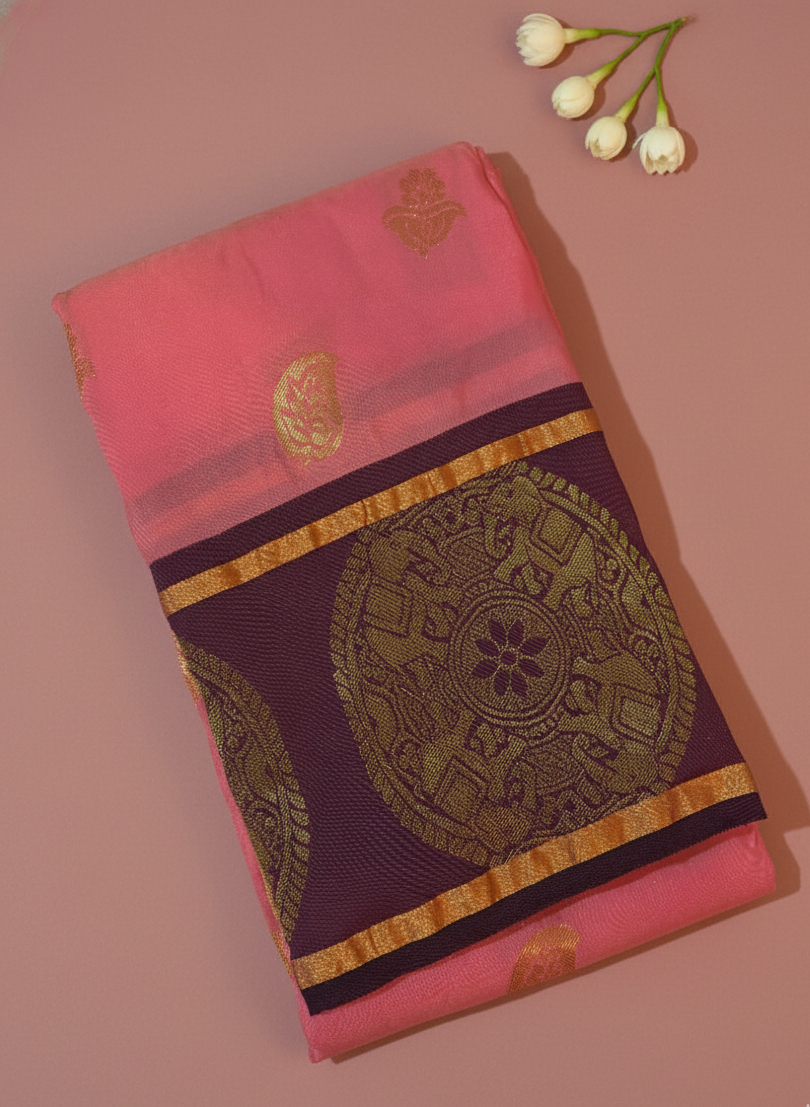 Pink Premium Cotton Silk Saree with Purple Border and Zari Motifs