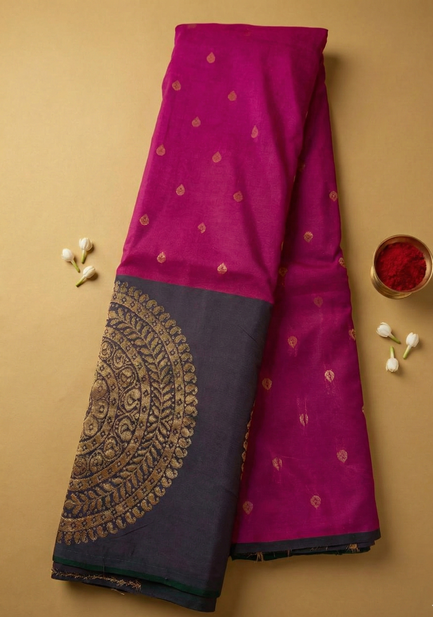 Magenta Cotton Silk Saree with Black Border and Circular Zari Motif