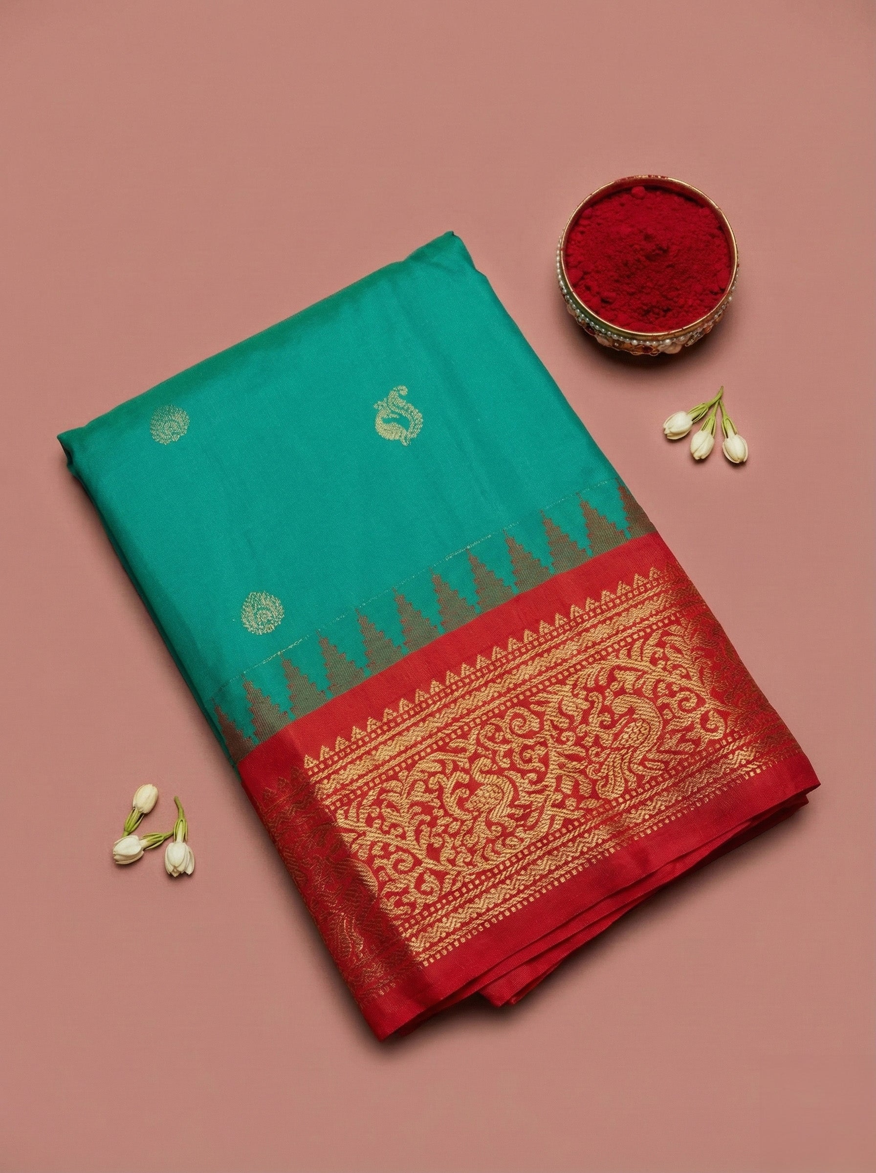 Gadwal Silk Saree in Turquoise with Coral Red Zari Border