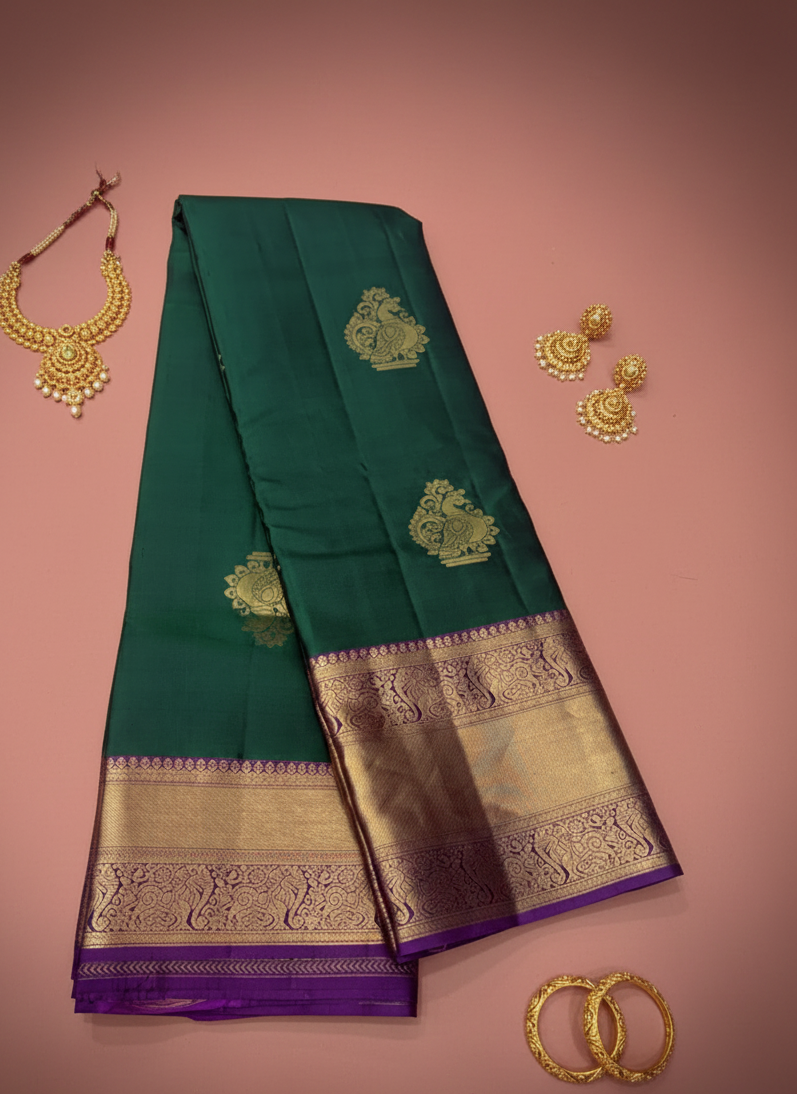 Pure 100% Kanjivaram Silk Saree in Teal Green with Gold Purple Zari Border | Silk Mark Certified