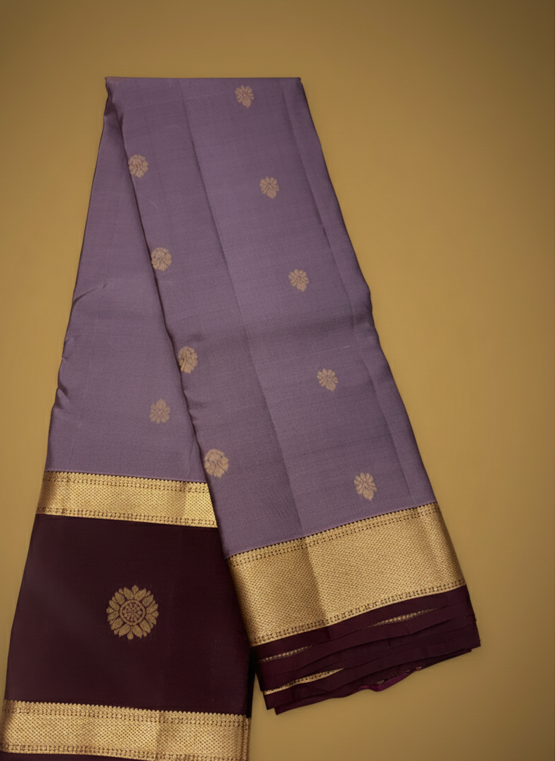 Pure 100% Kanjivaram Silk Saree in Lavender with Maroon Gold Zari Border | Silk Mark Certified