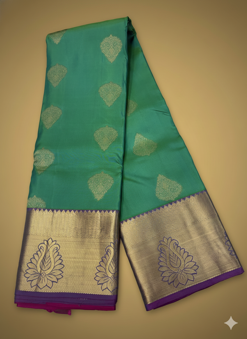 Pure 100% Kanjivaram Silk Saree in Teal Green with Gold Purple Zari Border | Silk Mark Certified