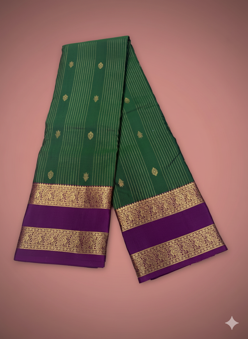 Pure 100% Kanjivaram Silk Saree in Green with Purple Gold Zari Border | Silk Mark Certified