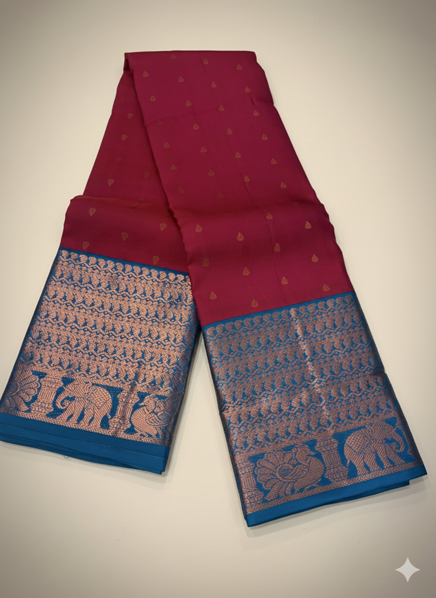 Pure 100% Kanjivaram Silk Saree in Golden Yellow with Magenta Zari Border | Silk Mark Certified