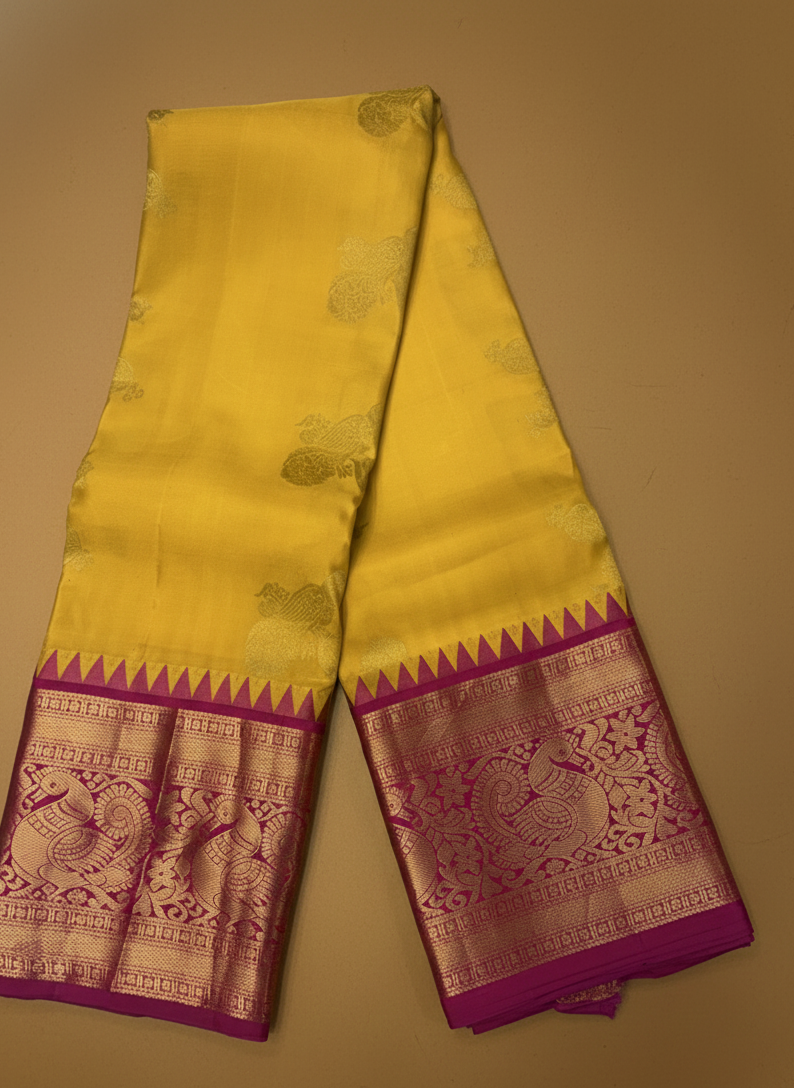 Pure 100% Kanjivaram Silk Saree in Golden Yellow with Magenta Zari Border | Silk Mark Certified