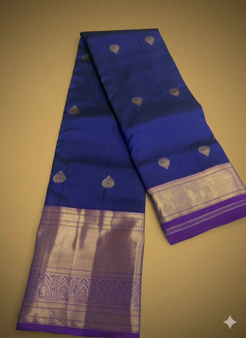 Pure 100% Kanjivaram Silk Saree in Royal Blue with Purple Gold Zari Border | Silk Mark Certified