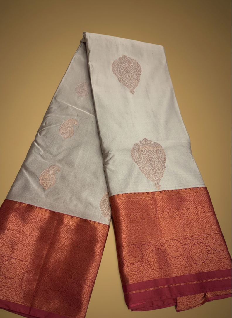 Pure 100% Kanjivaram Silk Saree in Off-White with Coral Red Zari Border | Silk Mark Certified