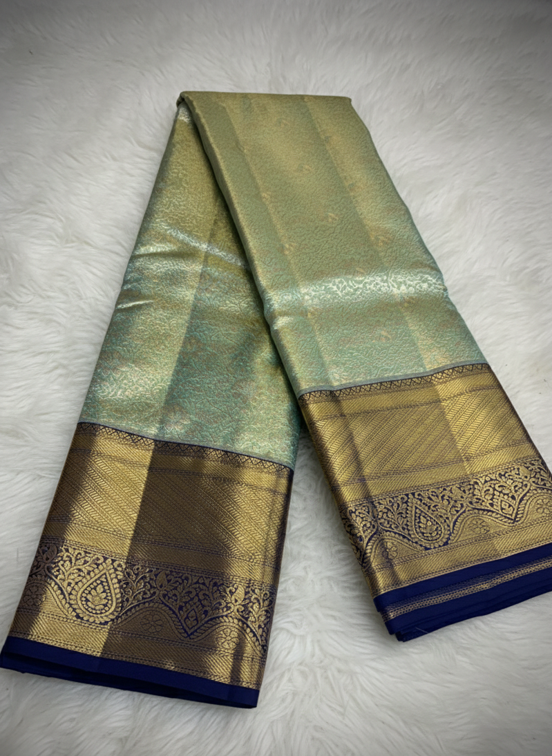 Pure 100% Kanjivaram Silk Saree in Sage Green with Gold Navy Blue Zari Border | Silk Mark Certified