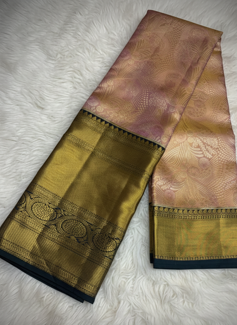 Pure 100% Kanjivaram Silk Saree in Rose Gold with Olive Green Zari Border | Silk Mark Certified