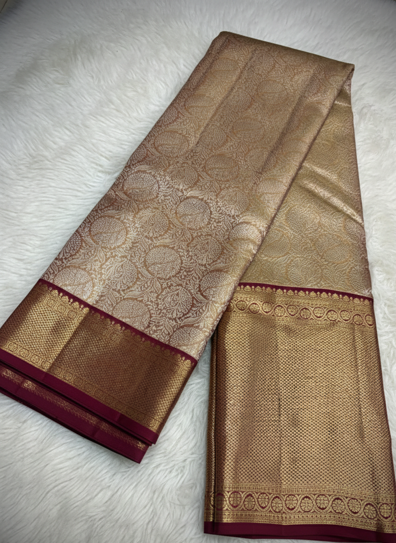 Pure 100% Kanjivaram Silk Saree in Champagne Gold with Maroon Zari Border | Silk Mark Certified