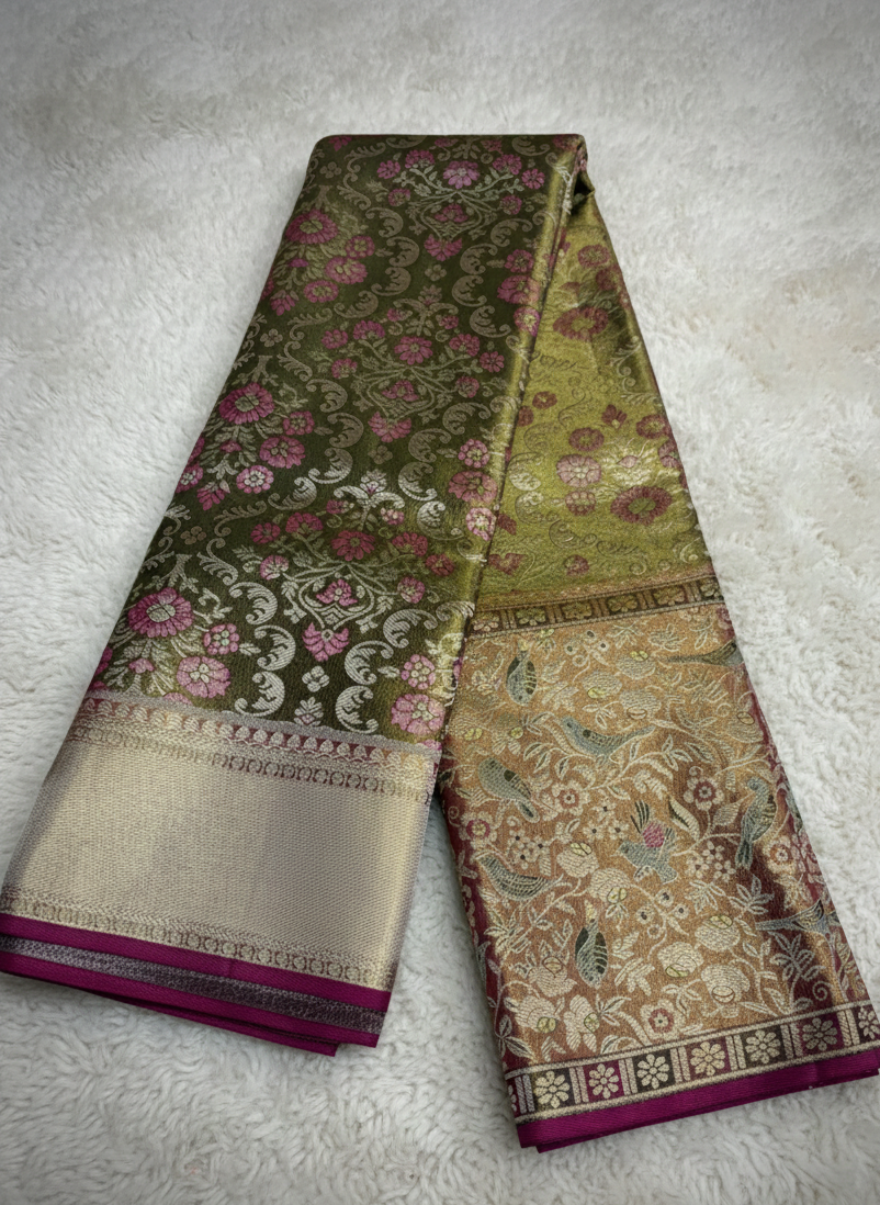 Pure 100% Kanjivaram Silk Saree in Olive Green with Gold Zari Border | Silk Mark Certified