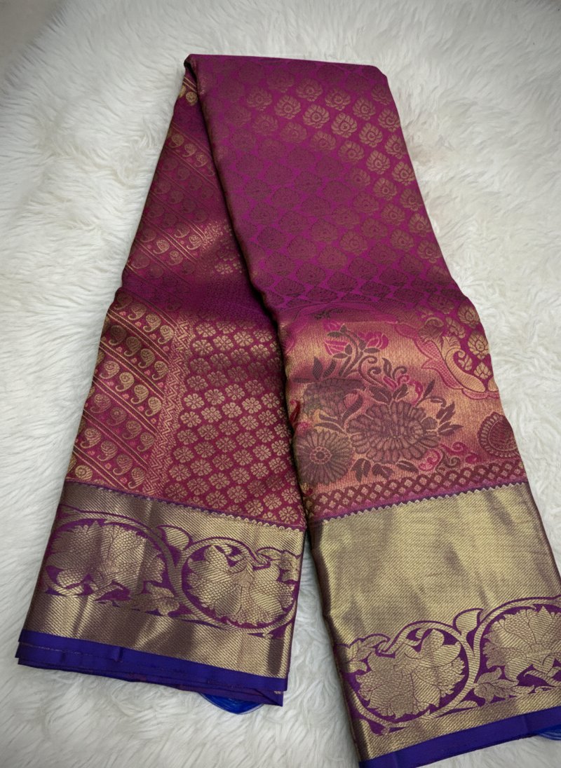 Pure 100% Kanjivaram Silk Saree in Magenta with Gold Royal Blue Zari Border | Silk Mark Certified