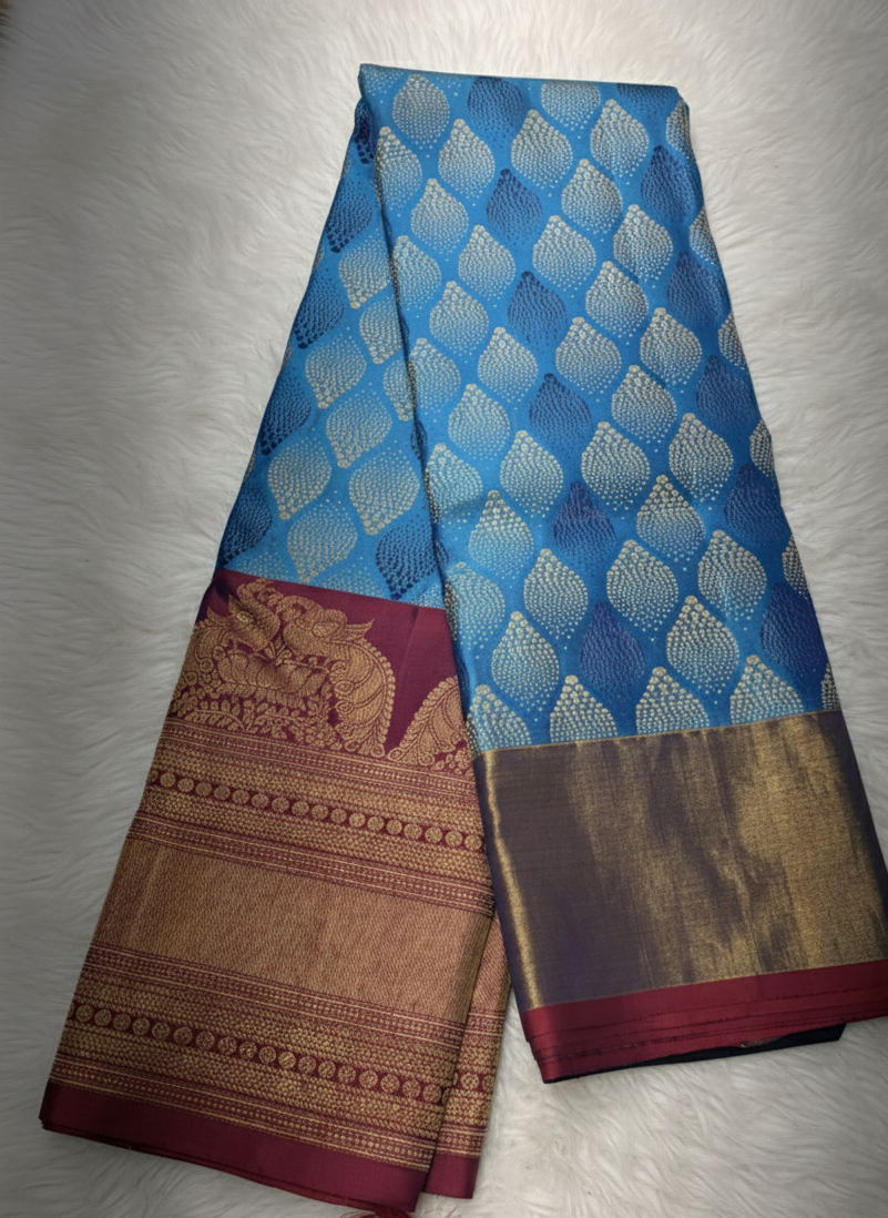 Pure 100% Kanjivaram Silk Saree in Turquoise Blue with Gold Maroon Zari Border | Silk Mark Certified