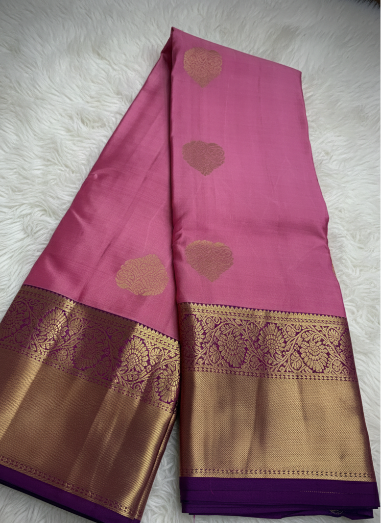 Pure 100% Kanjivaram Silk Saree in Pink with Gold Purple Zari Border | Silk Mark Certified