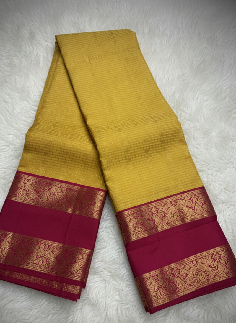 Pure 100% Kanjivaram Silk Saree in Golden Yellow with Maroon Zari Border | Silk Mark Certified