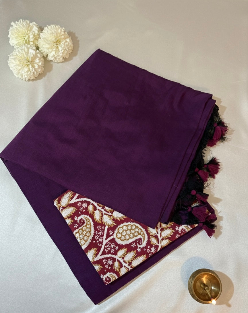 Deep Purple Handloom Cotton Saree with Kalamkari Print Blouse and Tassel Border