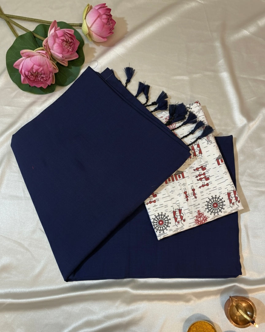 Navy Blue Handloom Cotton Saree with Warli Print Blouse and Tassel Border