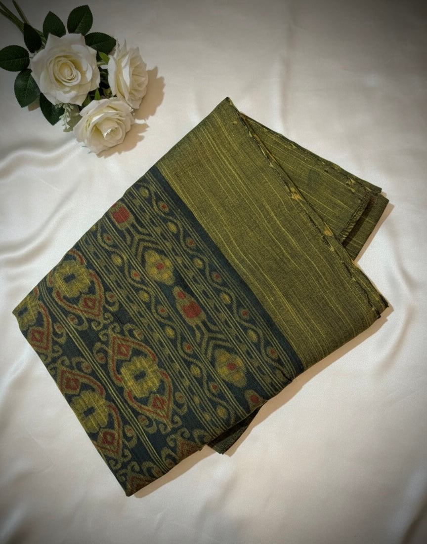 Olive Green Handloom Cotton Saree with Traditional Geometric Border and Zari Accents