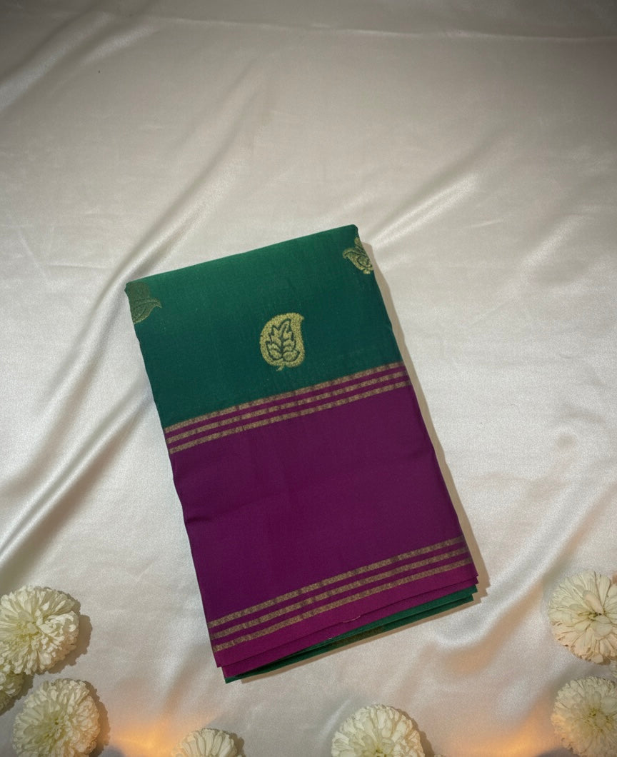 Green Premium Cotton Silk Saree with Purple Border and Zari Motifs