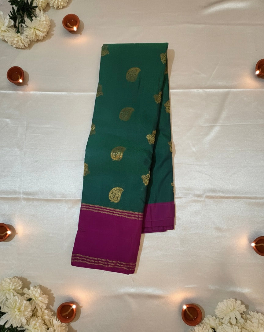 Green Premium Cotton Silk Saree with Purple Border and Zari Motifs