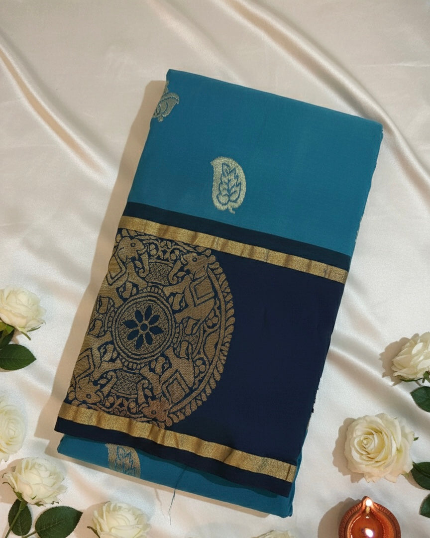 Blue Premium Cotton Silk Saree with Zari Border and Traditional Motifs
