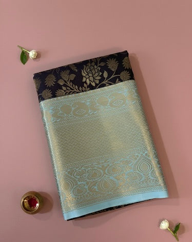 Brown Kanchipuram Semi Silk Contrast Saree with Cream Golden Border Kadiyal Pattu