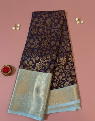 Brown Kanchipuram Semi Silk Contrast Saree with Cream Golden Border Kadiyal Pattu
