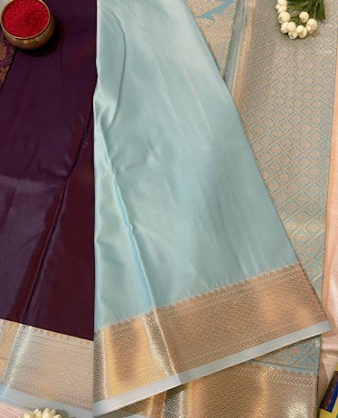 Brown Kanchipuram Semi Silk Contrast Saree with Cream Golden Border Kadiyal Pattu