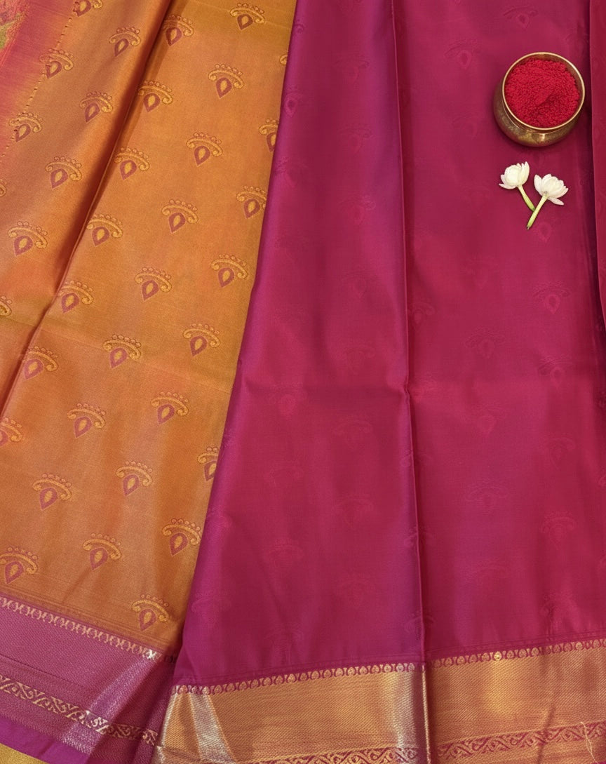 Peach Kanchipuram Semi Silk Saree with Deer Butta and Green Golden Border Kadiyal Pattu