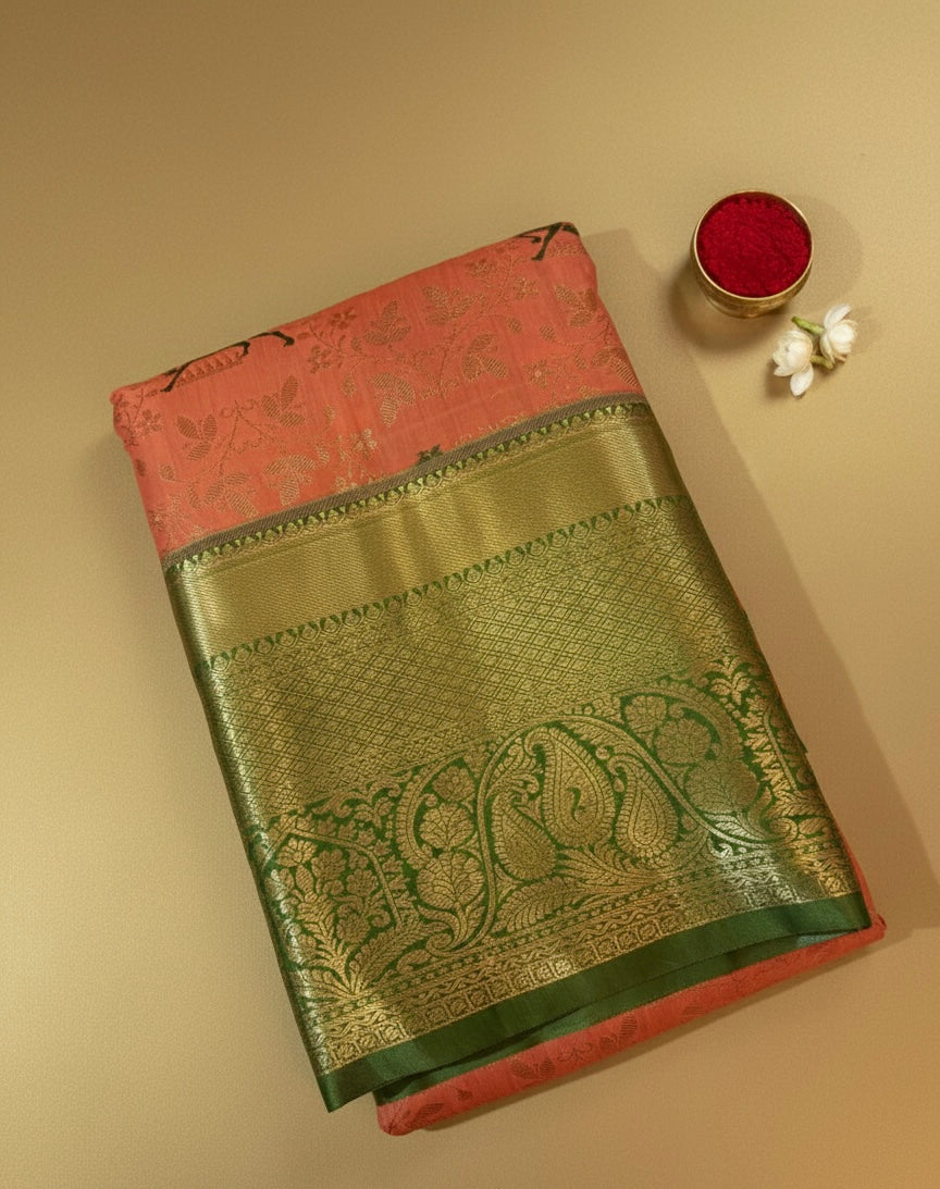Peach Kanchipuram Semi Silk Saree with Deer Butta and Green Golden Border Kadiyal Pattu