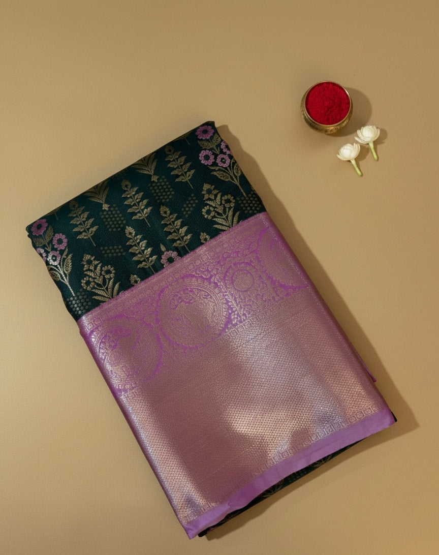 Teal Green Kanchipuram Semi Silk Saree with Purple Border | Floral Motifs |Kadiyal Pattu