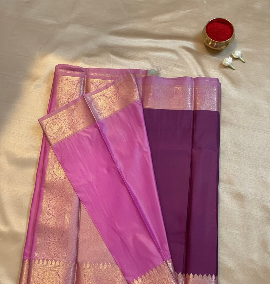 Teal Green Kanchipuram Semi Silk Saree with Purple Border | Floral Motifs |Kadiyal Pattu