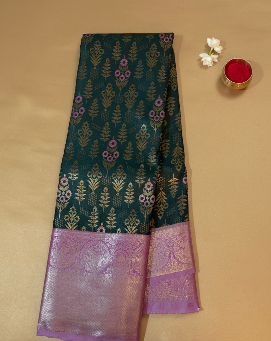 Teal Green Kanchipuram Semi Silk Saree with Purple Border | Floral Motifs |Kadiyal Pattu