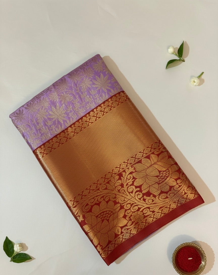 Purple Kanchipuram Semi Silk Saree with Maroon Border | Traditional Weave | Kadiyal Pattu