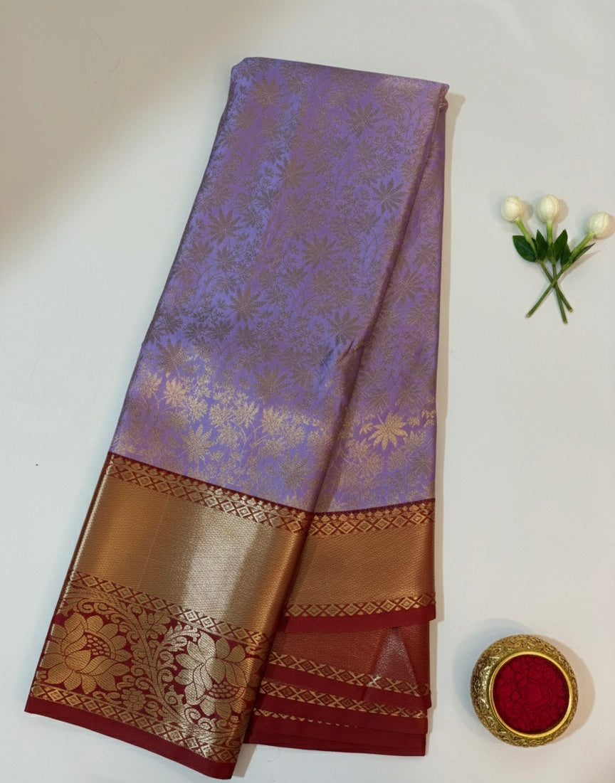 Purple Kanchipuram Semi Silk Saree with Maroon Border | Traditional Weave | Kadiyal Pattu