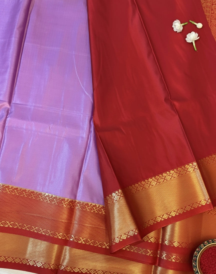 Purple Kanchipuram Semi Silk Saree with Maroon Border | Traditional Weave | Kadiyal Pattu