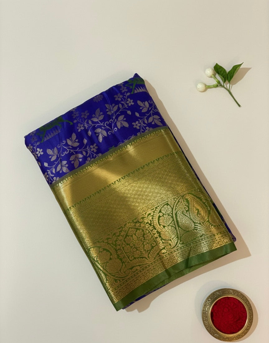 Royal Blue Kanchipuram Semi Silk Saree with Peacock Motifs and Green Golden Border Kadiyal Pattu