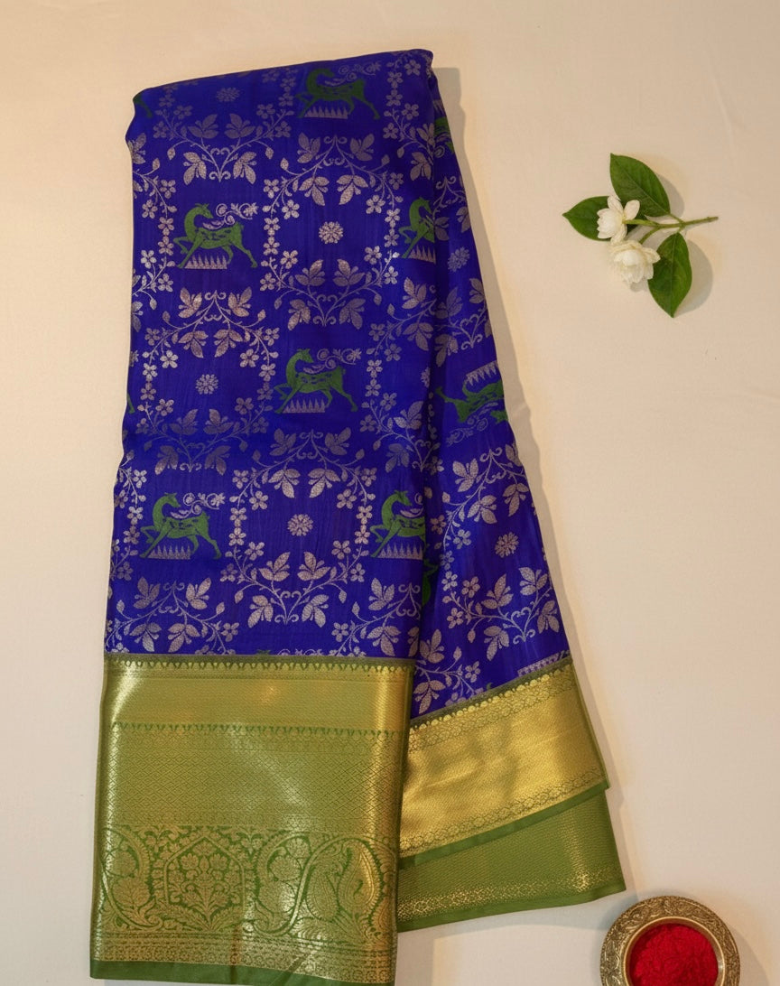 Royal Blue Kanchipuram Semi Silk Saree with Peacock Motifs and Green Golden Border Kadiyal Pattu